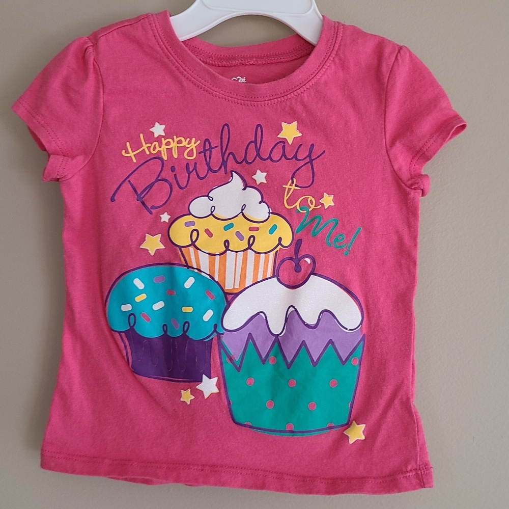 Pink Birthday short sleeved tee shirt with cupcakes on front